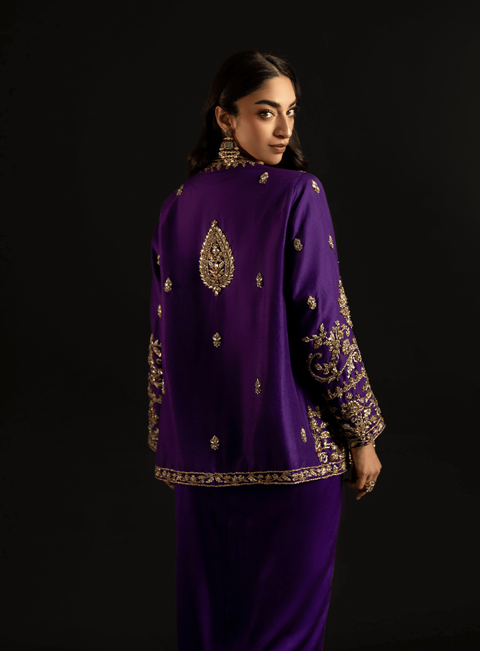 Purple Zardozi Embellished Jacket with Emerald Bustier and Purple Charmeuse Skirt