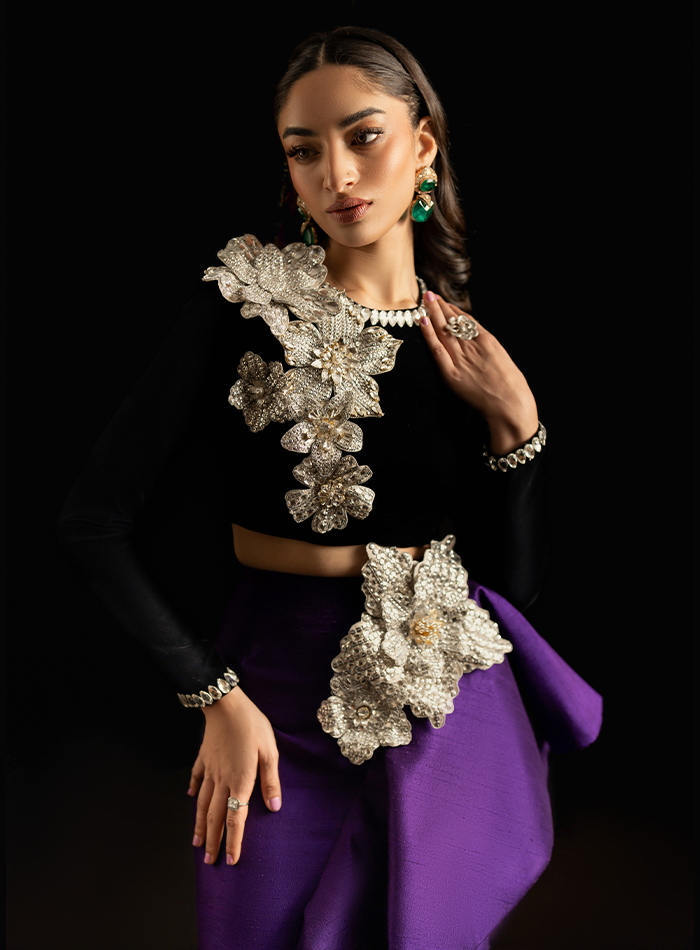 Black Velvet 3D Crystal Floral Embellished Choli with Purple Raw silk Ruffled Skirt
