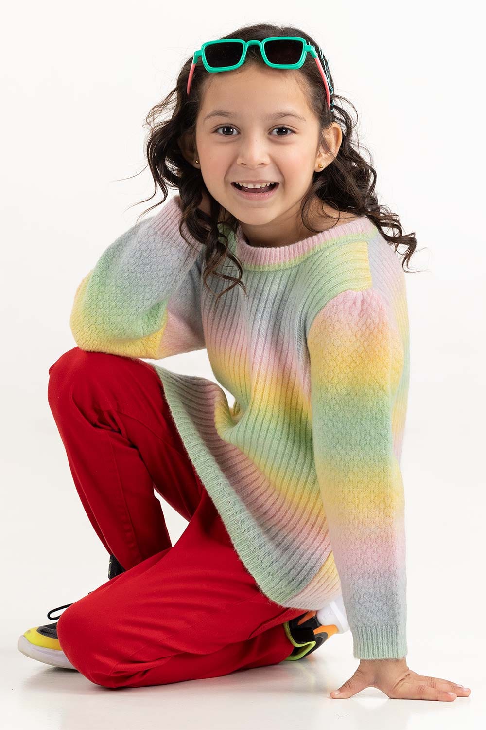 Toddler Girl Multi-Colored Knit Sweater With Crew Neck