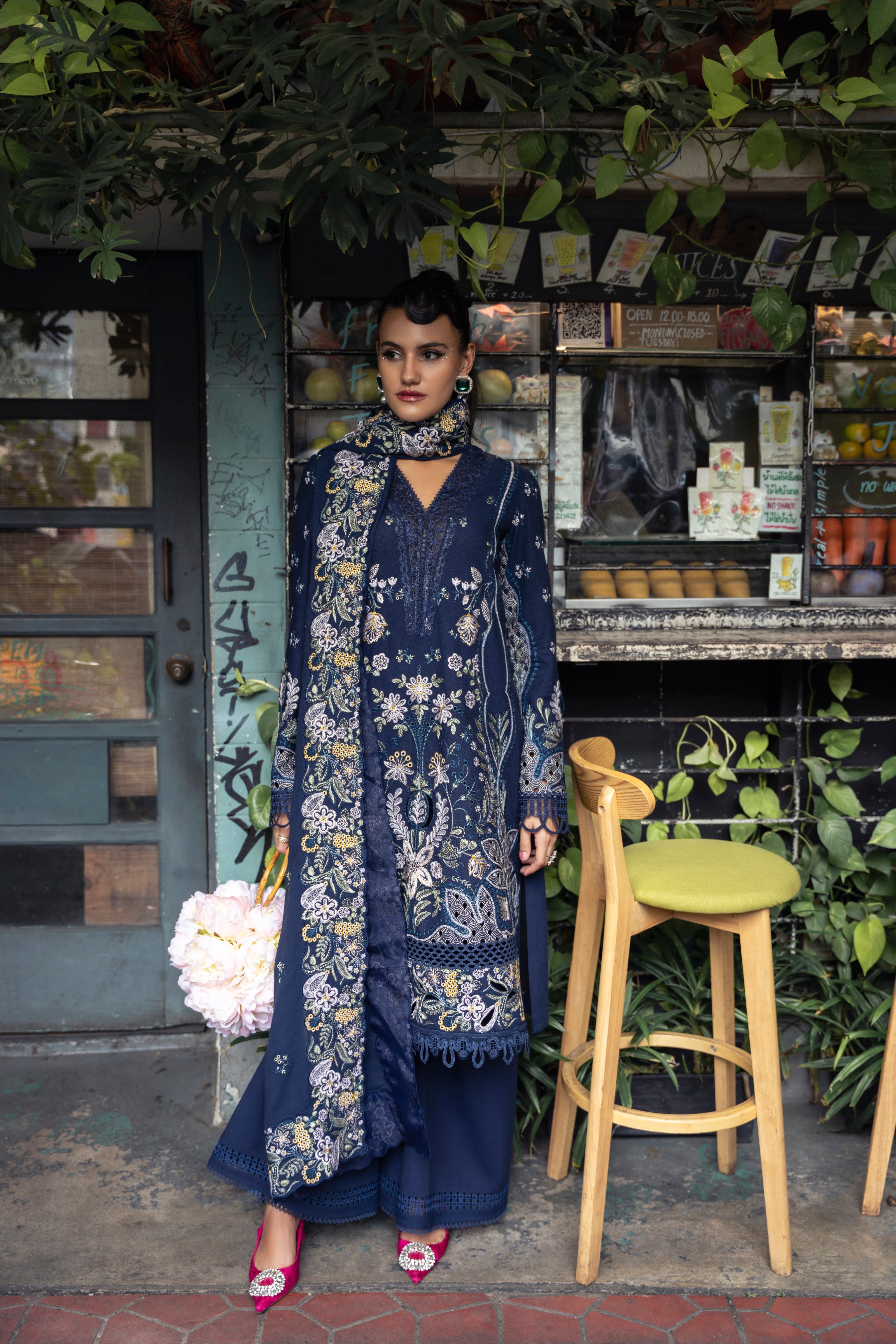 Mysie by Tahira Merida navy karandi outfit with silver and mustard embroidery