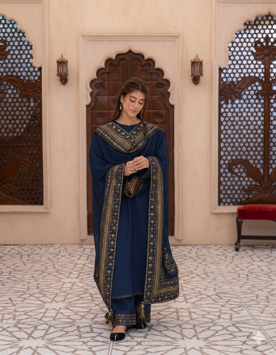Navy Blue Mystique – Luxury Embroidered Suit for Women