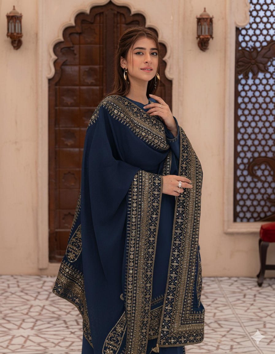 Navy Blue Mystique – Luxury Embroidered Suit for Women
