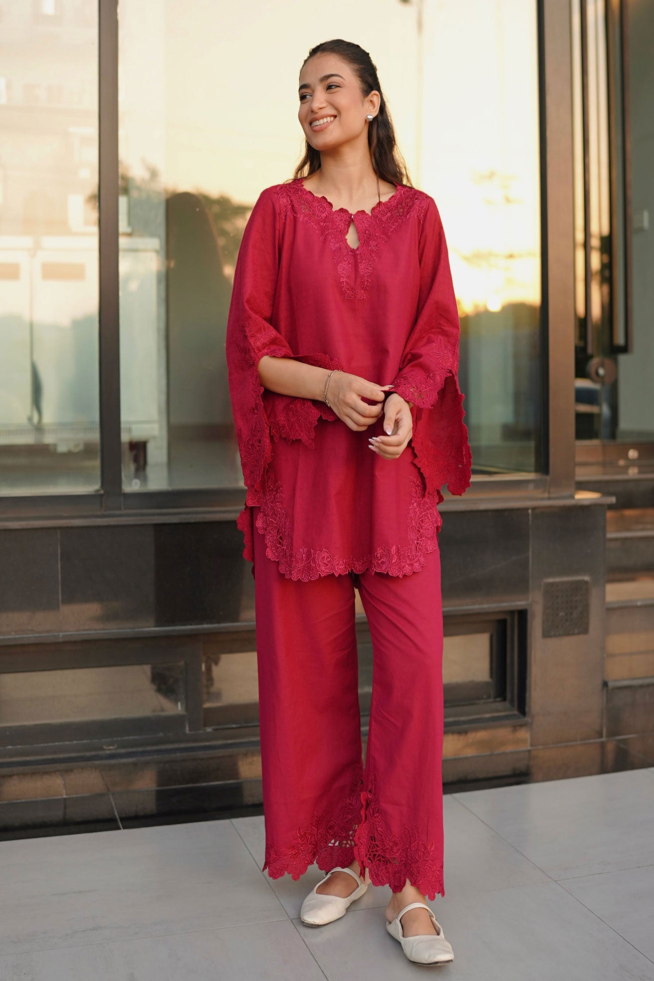 SS26DC-2588 - MAROON - COTTON JACQUARD - 2PCS - EMBROIDERED KURTA WITH TROUSER