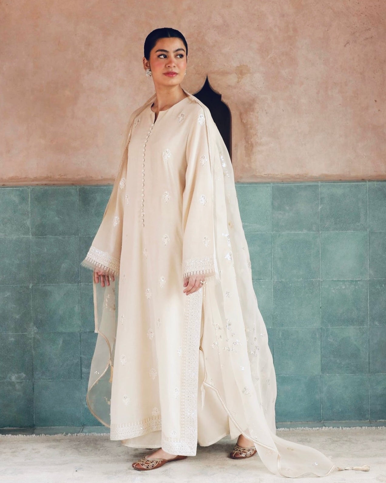 Noor-e-Eid Ivory Dress | Sequin Lace Trouser Festive Suit