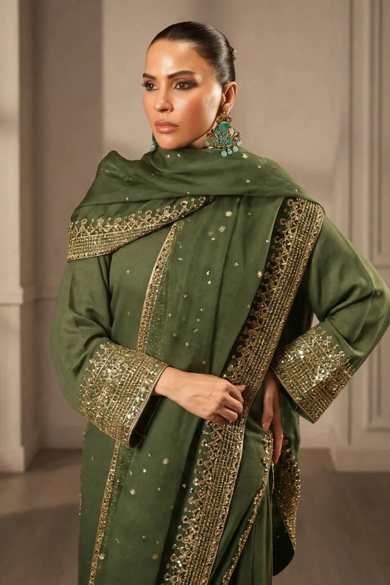 Olive Pearl Lawn Suit | Tila Sequin Embroidered 3 Piece with Chiffon Dupatta