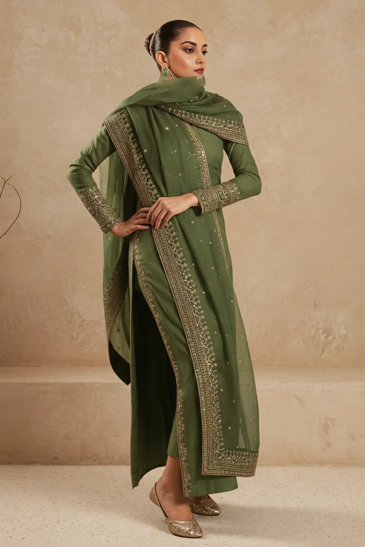 Olive Pearl Lawn Suit | Tila Sequin Embroidered 3 Piece with Chiffon Dupatta
