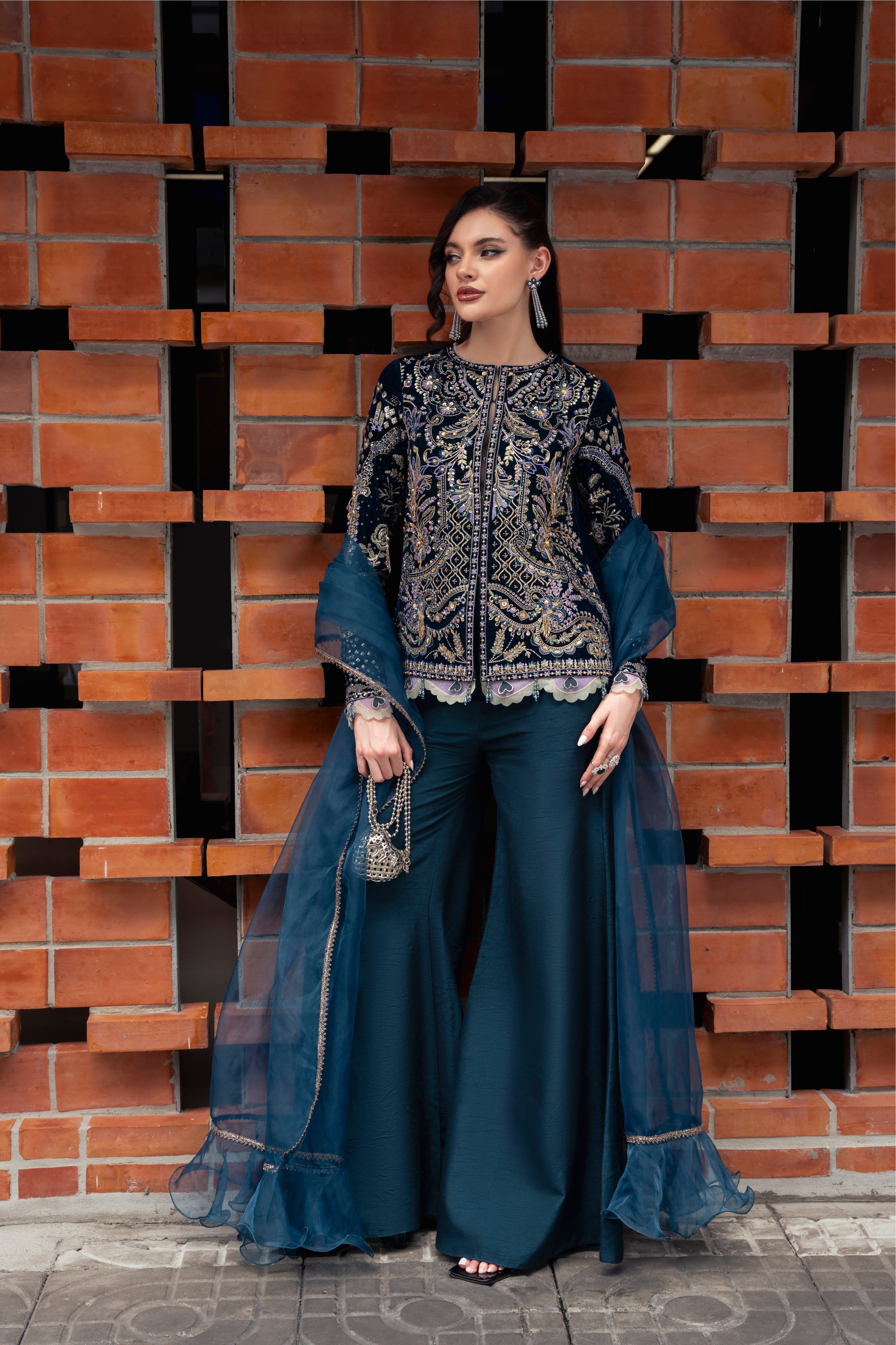 ORA Velvet Shirt & Raw Silk Pant Set by Mysie by Tahira – Navy Blue Velvet Designer Dress