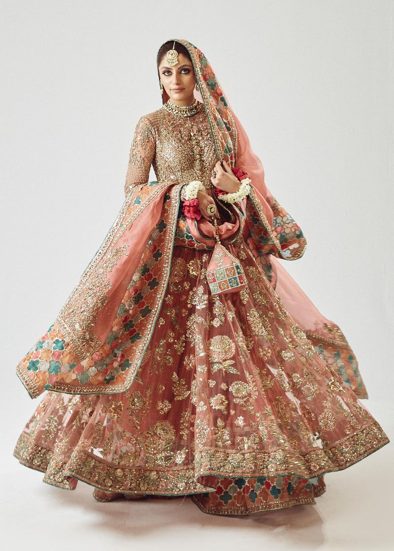Saaz Style — Mairaz Rose Gold Net Pishwas & Sharara