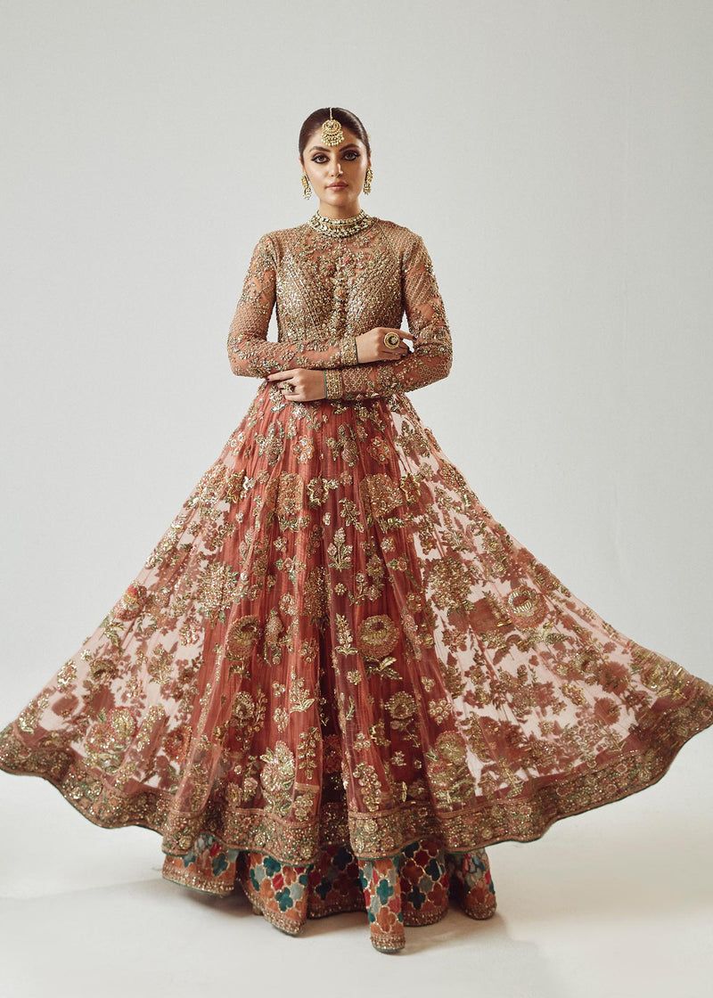 Saaz Style — Mairaz Rose Gold Net Pishwas & Sharara