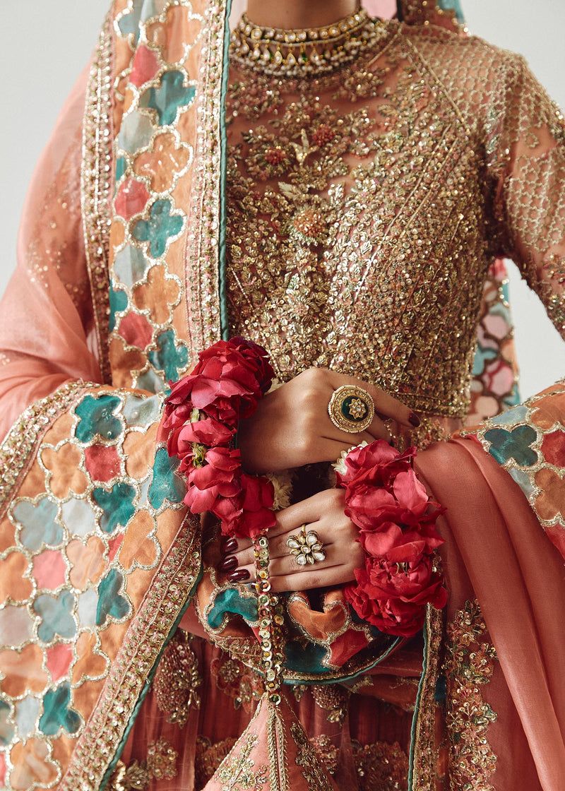 Saaz Style — Mairaz Rose Gold Net Pishwas & Sharara