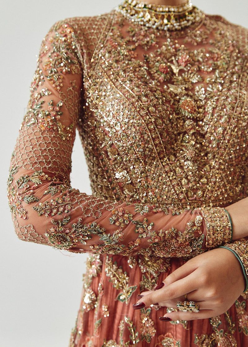 Saaz Style — Mairaz Rose Gold Net Pishwas & Sharara