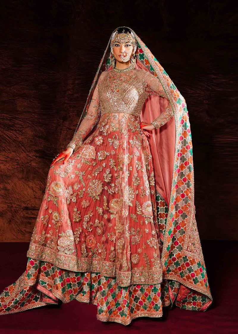 Saaz Style — Mairaz Rose Gold Net Pishwas & Sharara