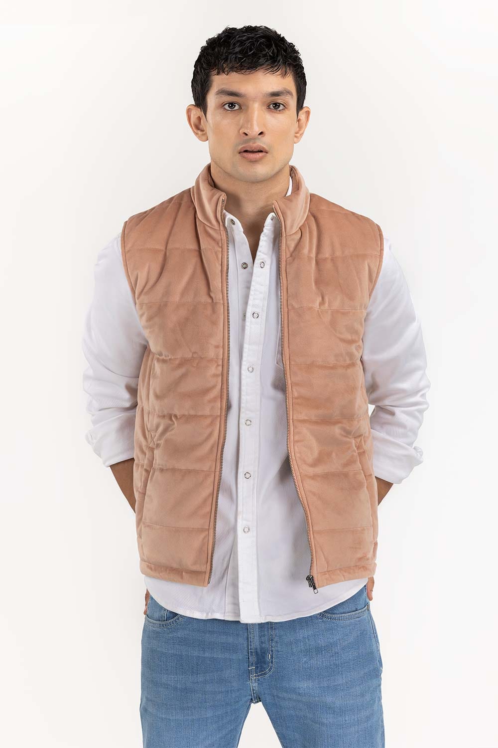 Peach Suede Puffer Gilet
