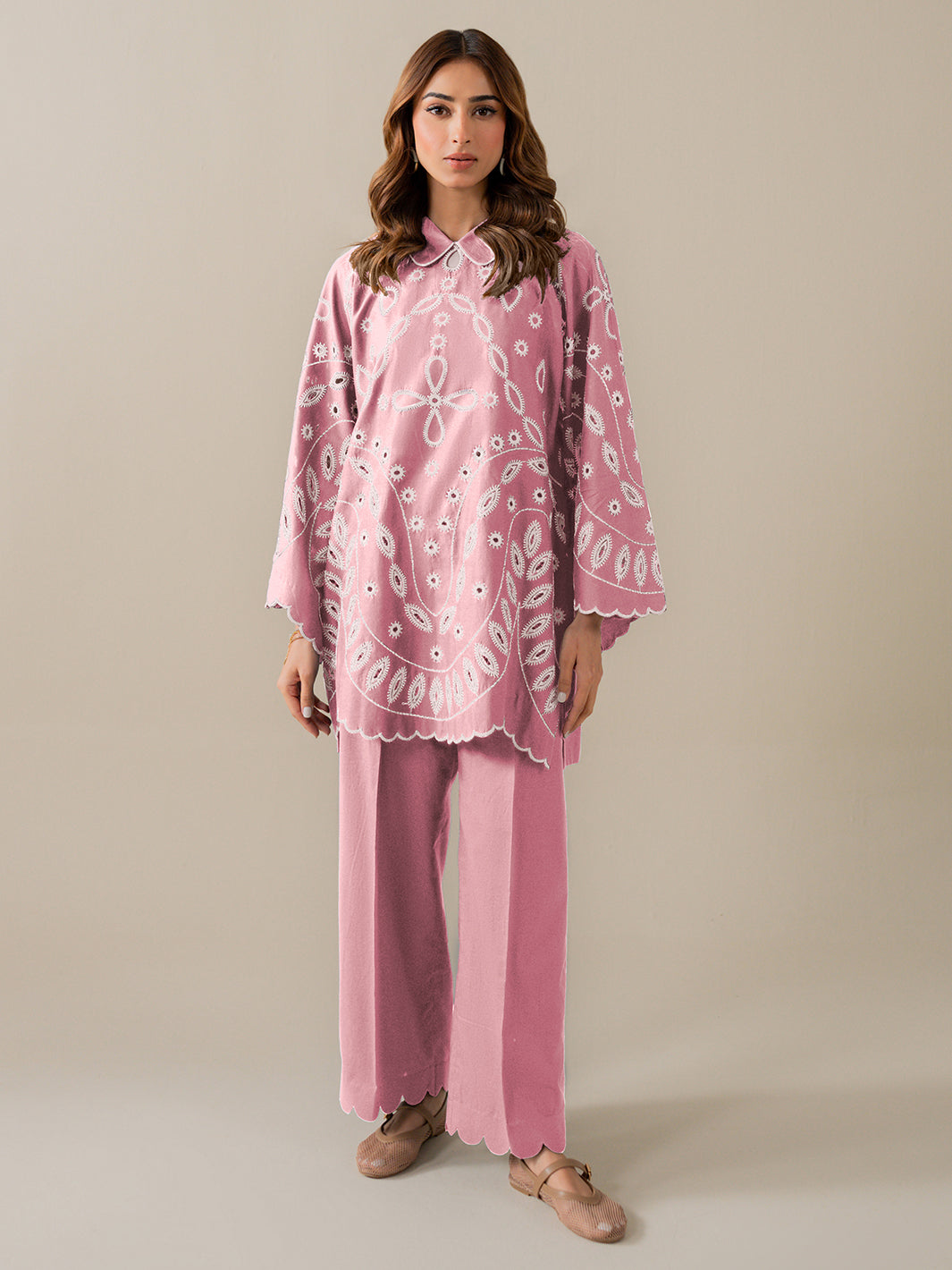 INDIGO - 2Pc Embroidered Set - Pink Cotton