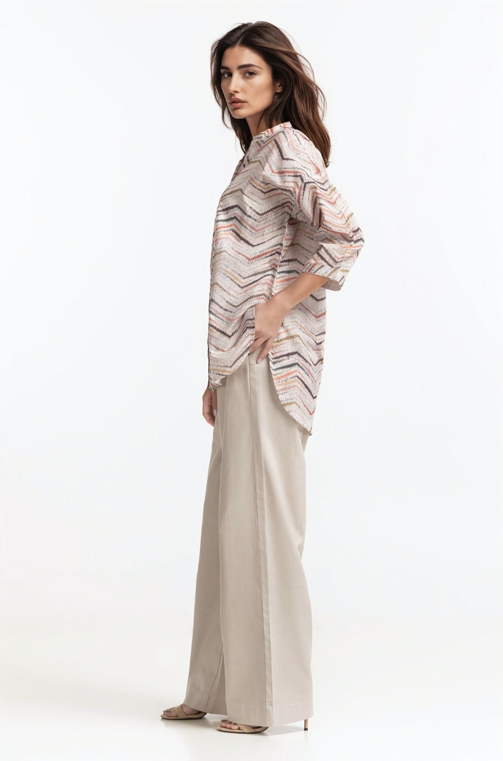 Printed-Ban-Collar Button Down Shirt
