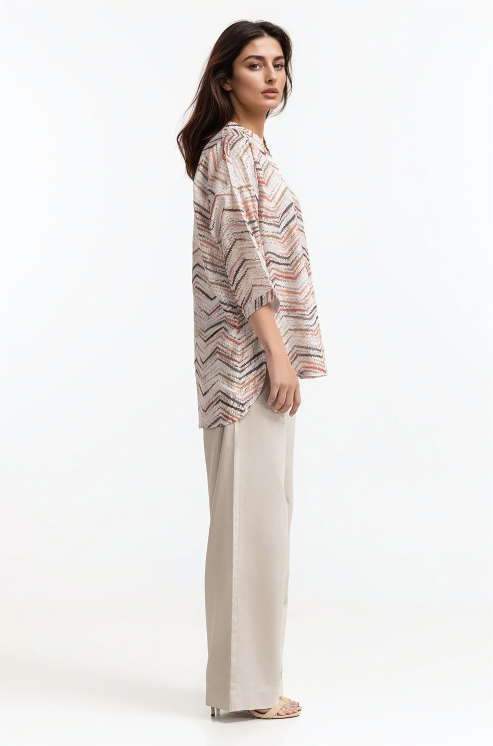 Printed-Ban-Collar Button Down Shirt