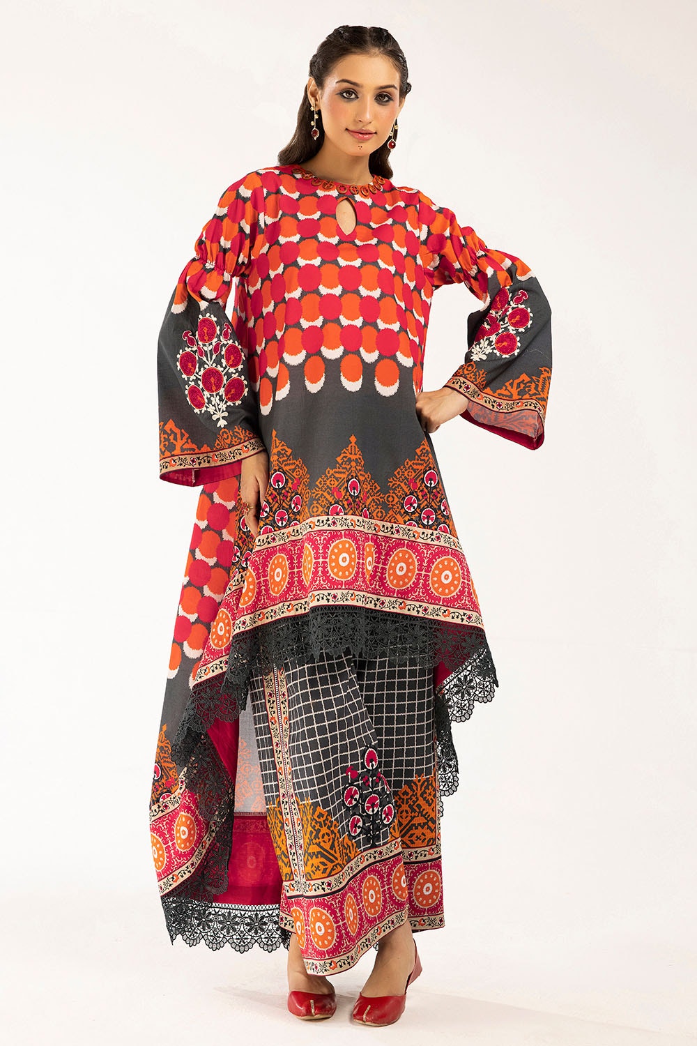 2 Piece Unstitched Printed Lawn Suit with Embroidered Bunches on Organza