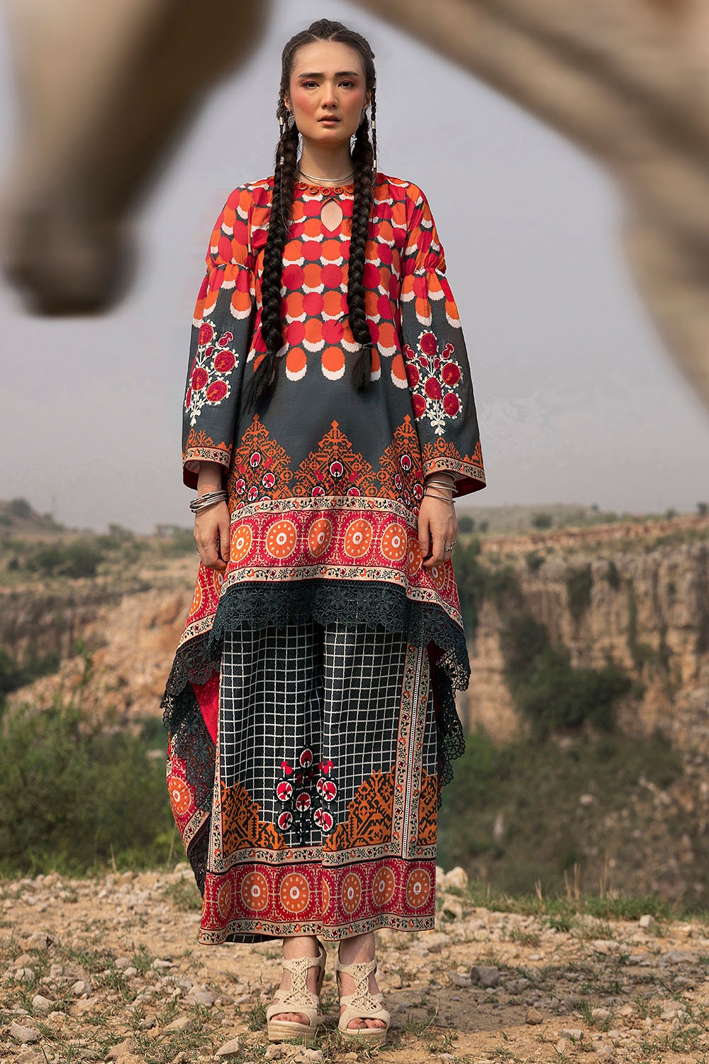 2 Piece Unstitched Printed Lawn Suit with Embroidered Bunches on Organza
