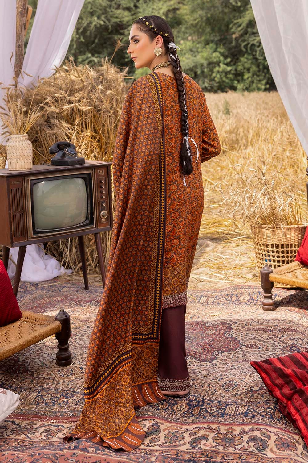 3 Piece Unstitched Embroidered Raw Silk Printed Suit