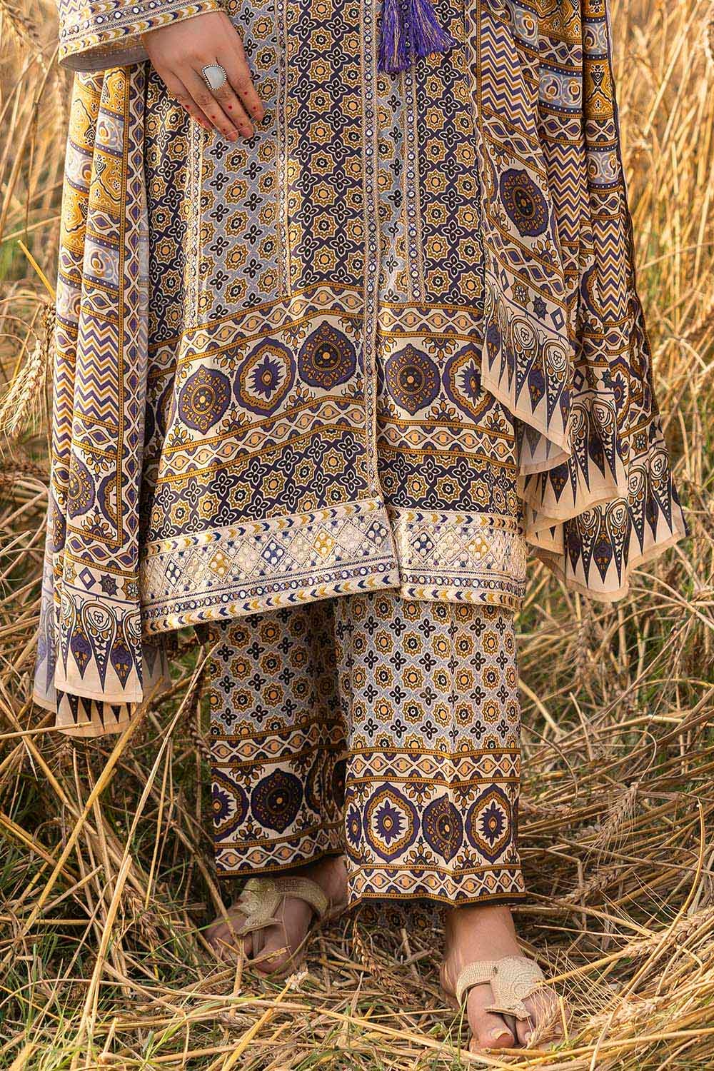 3 Piece Unstitched Embroidered Raw Silk Printed Suit