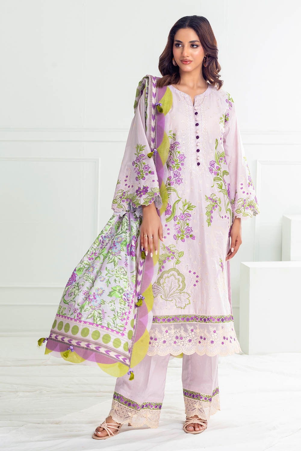 3 Piece Unstitched Embroidered Lawn Suit with Printed Tussar Silk Dupatta