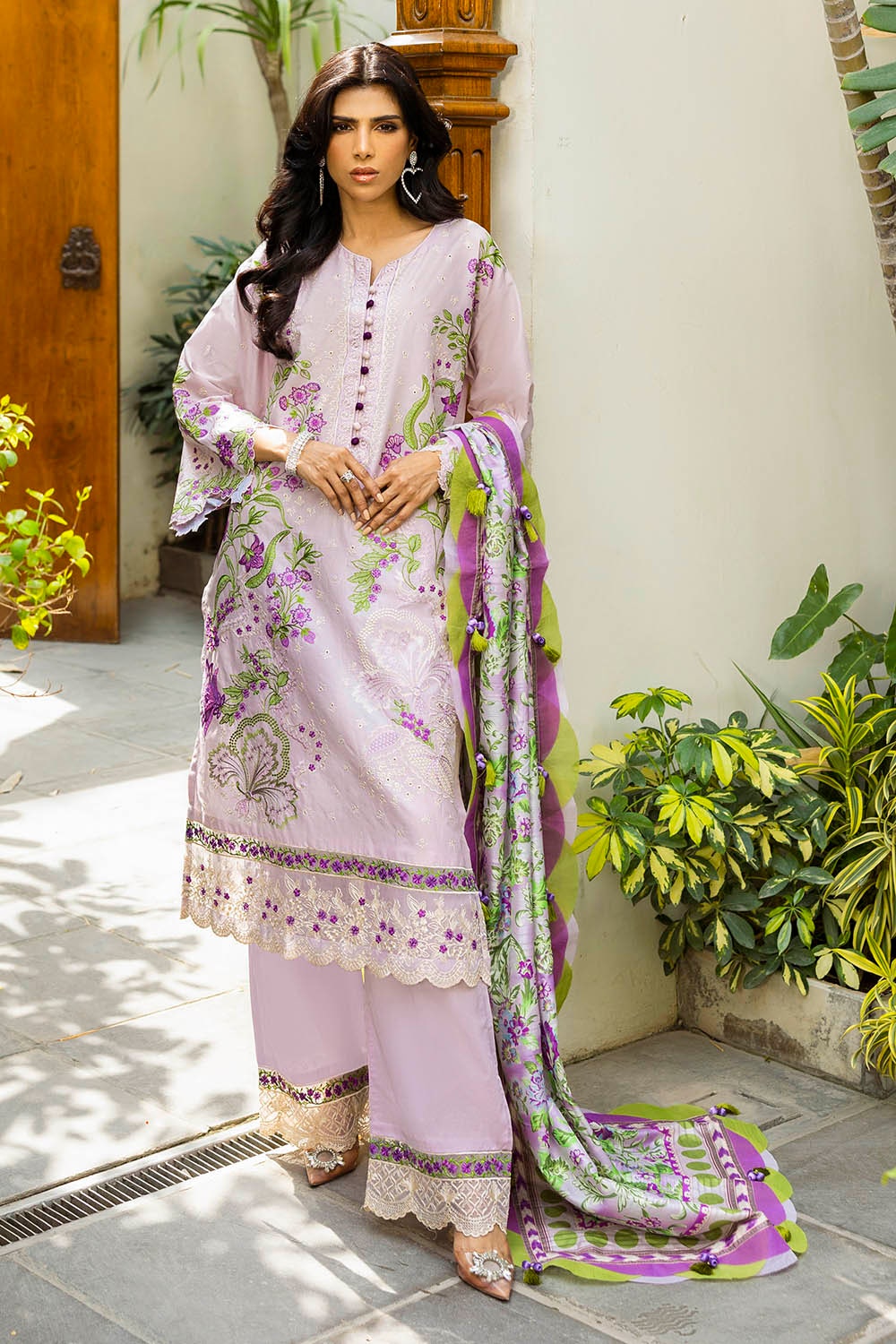3 Piece Unstitched Embroidered Lawn Suit with Printed Tussar Silk Dupatta