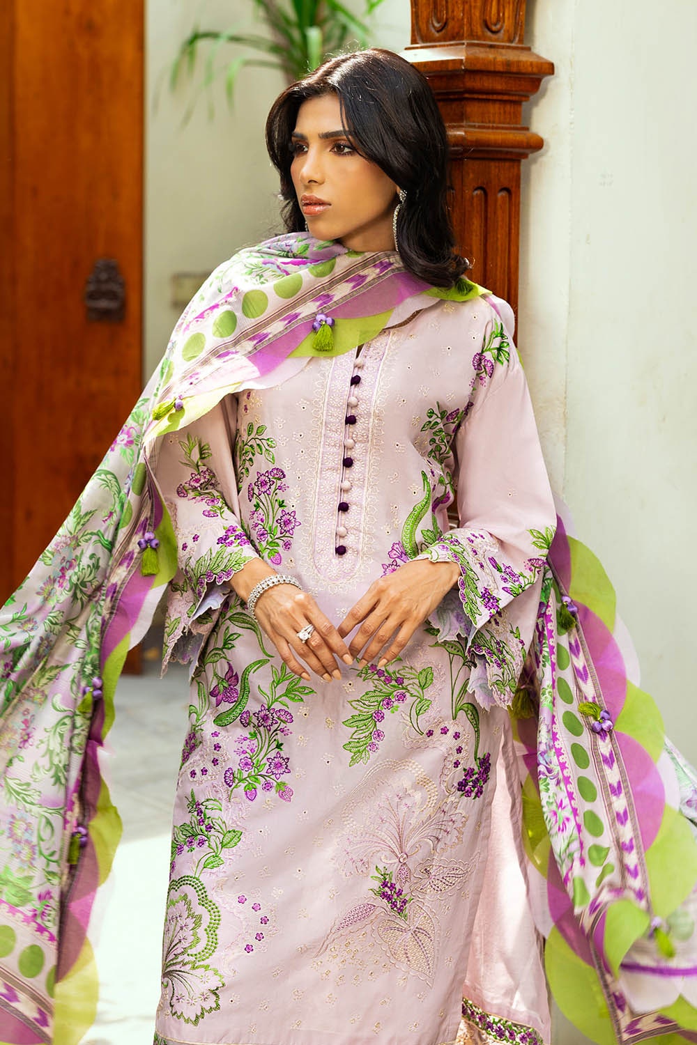 3 Piece Unstitched Embroidered Lawn Suit with Printed Tussar Silk Dupatta