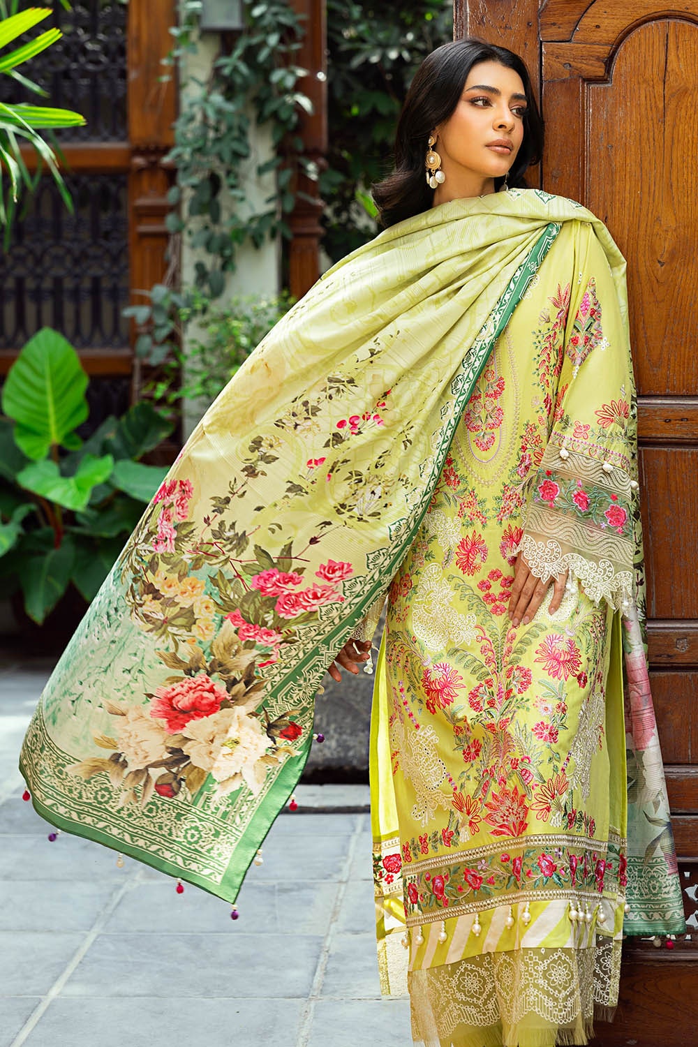 3 Piece Unstitched Embroidered Lawn Suit With Printed Tussar Silk Dupatta