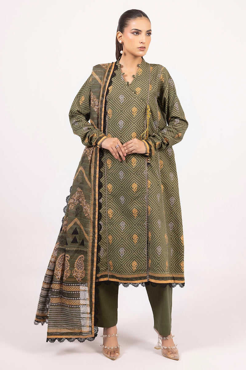 3 Piece Unstitched Printed Stripe Khaddar Suit