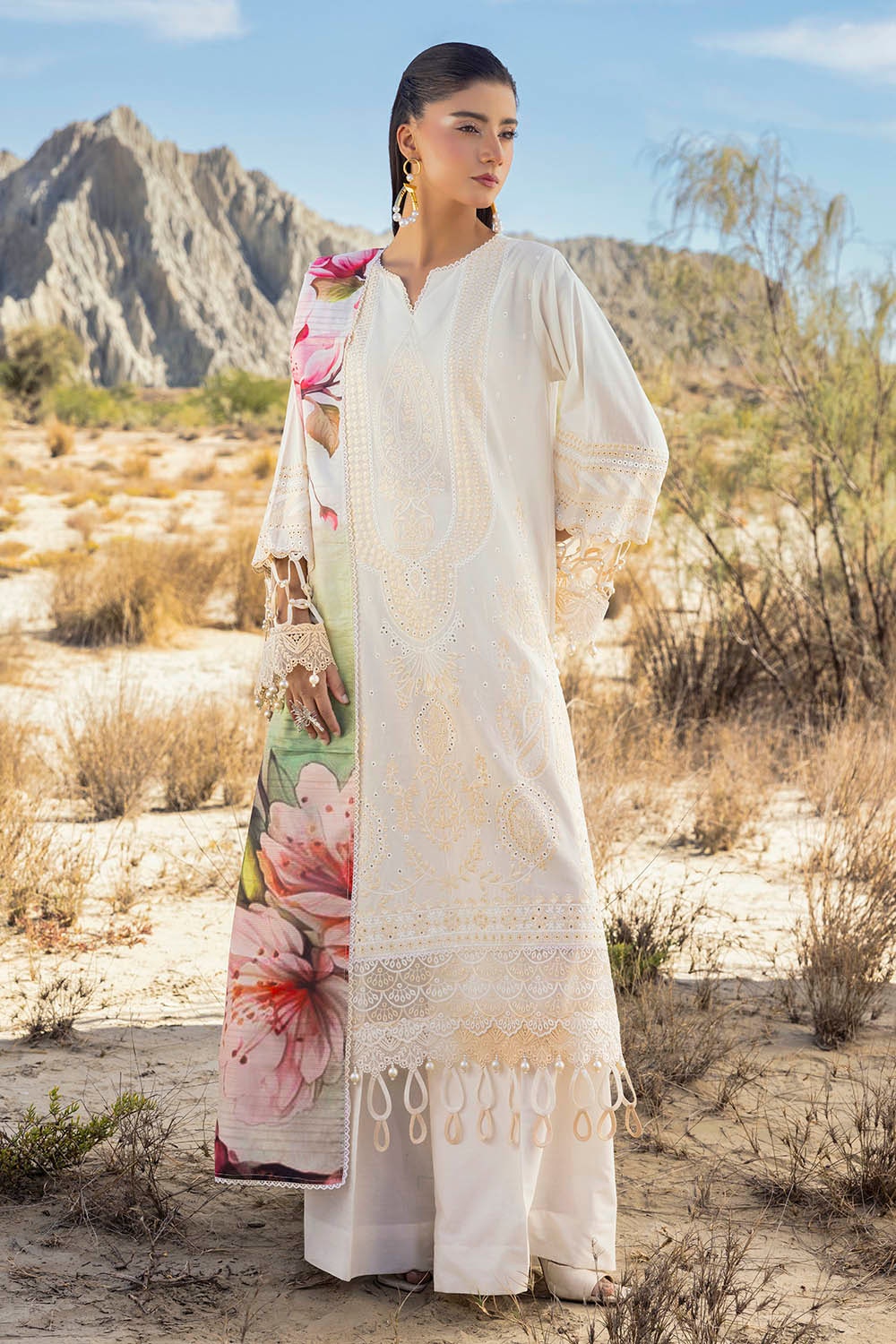 3 Piece Unstitched Embroidered Lawn Suit with Printed Tissue Silk Dupatta