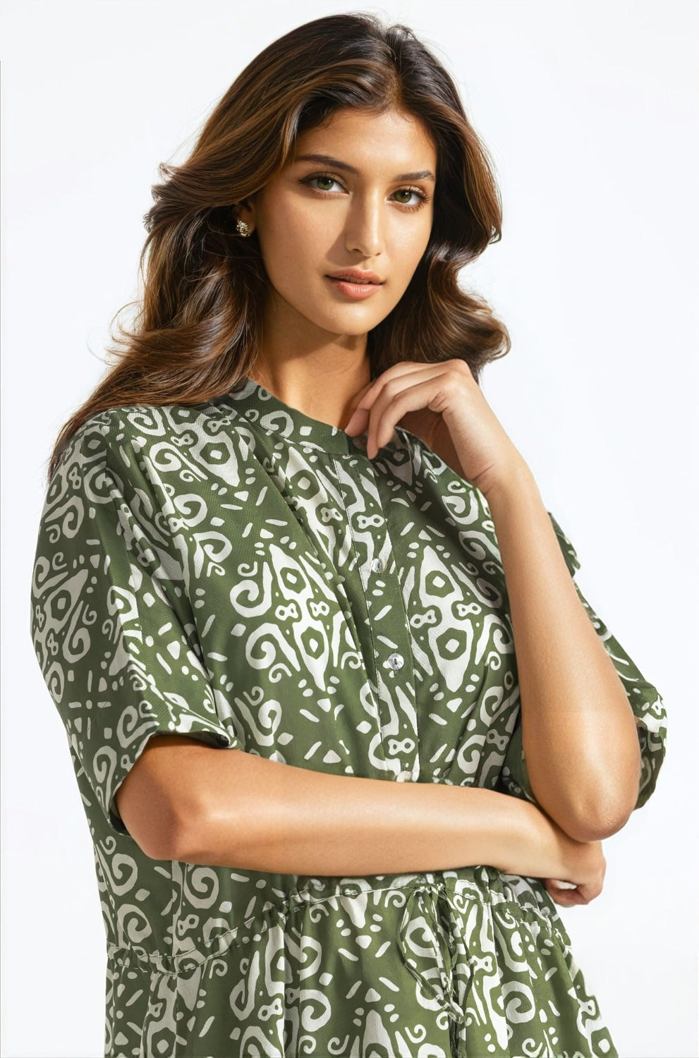 Printed Ban-Collar Dress