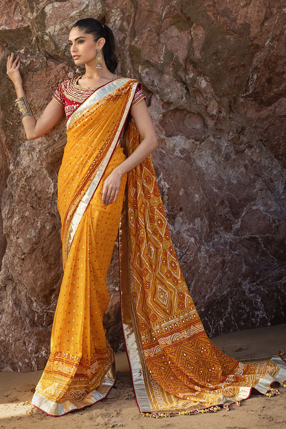 3 Piece Unstitched Gota Sequins Handwork Chiffon Saree