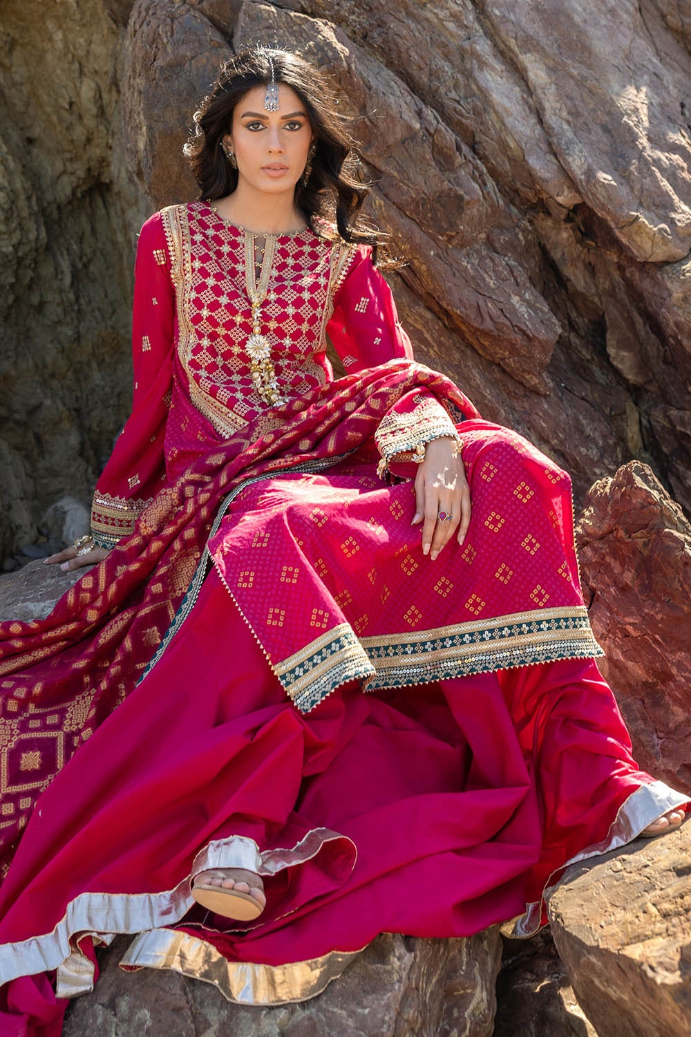 3 Piece Unstitched Gold Lacquer Printed Embroidered Cotton Silk Suit With Embroidered Jacquard Dupatta