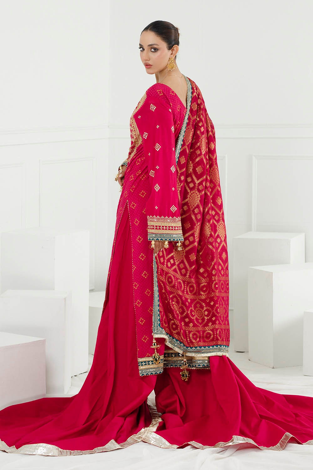 3 Piece Unstitched Gold Lacquer Printed Embroidered Cotton Silk Suit With Embroidered Jacquard Dupatta
