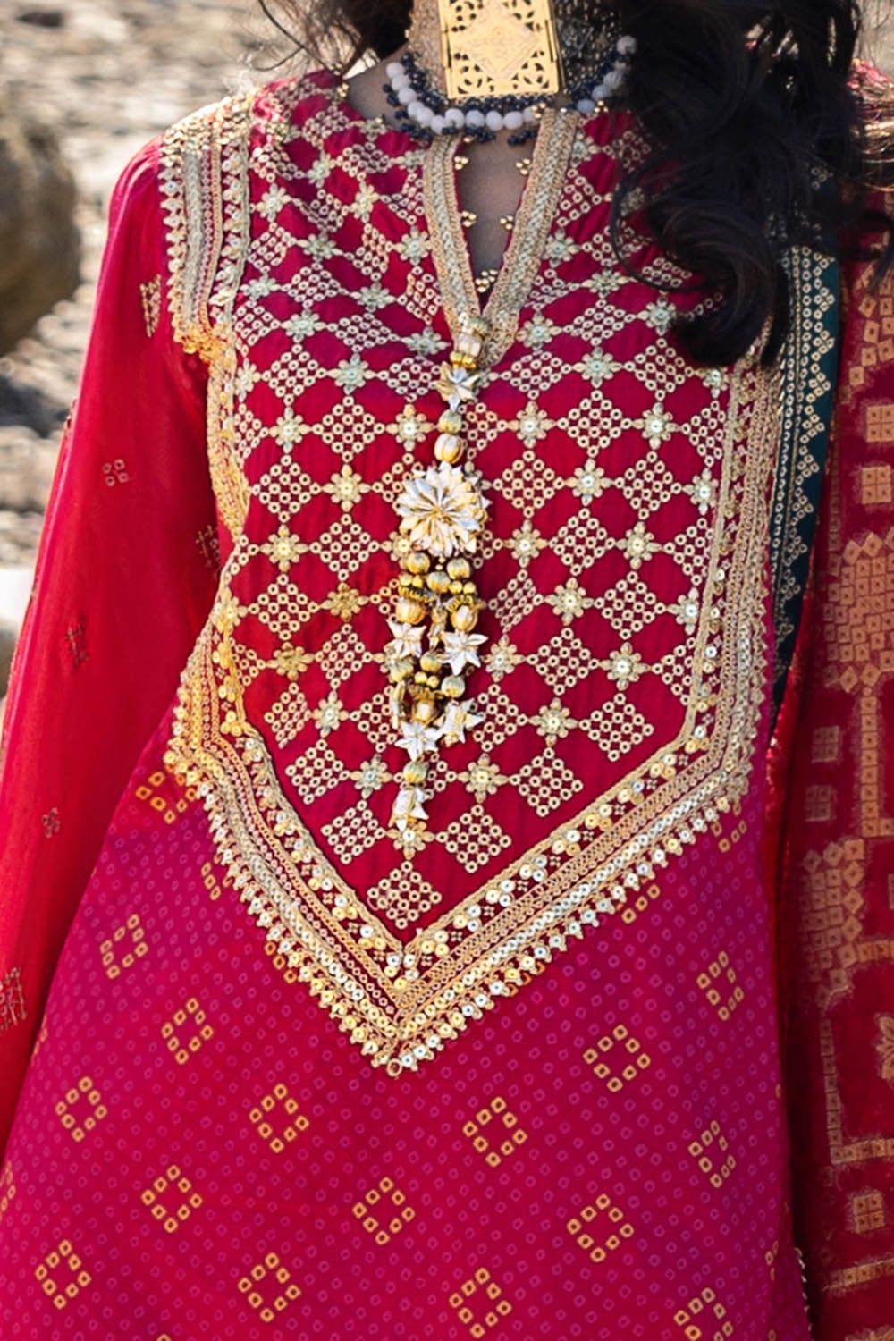 3 Piece Unstitched Gold Lacquer Printed Embroidered Cotton Silk Suit With Embroidered Jacquard Dupatta