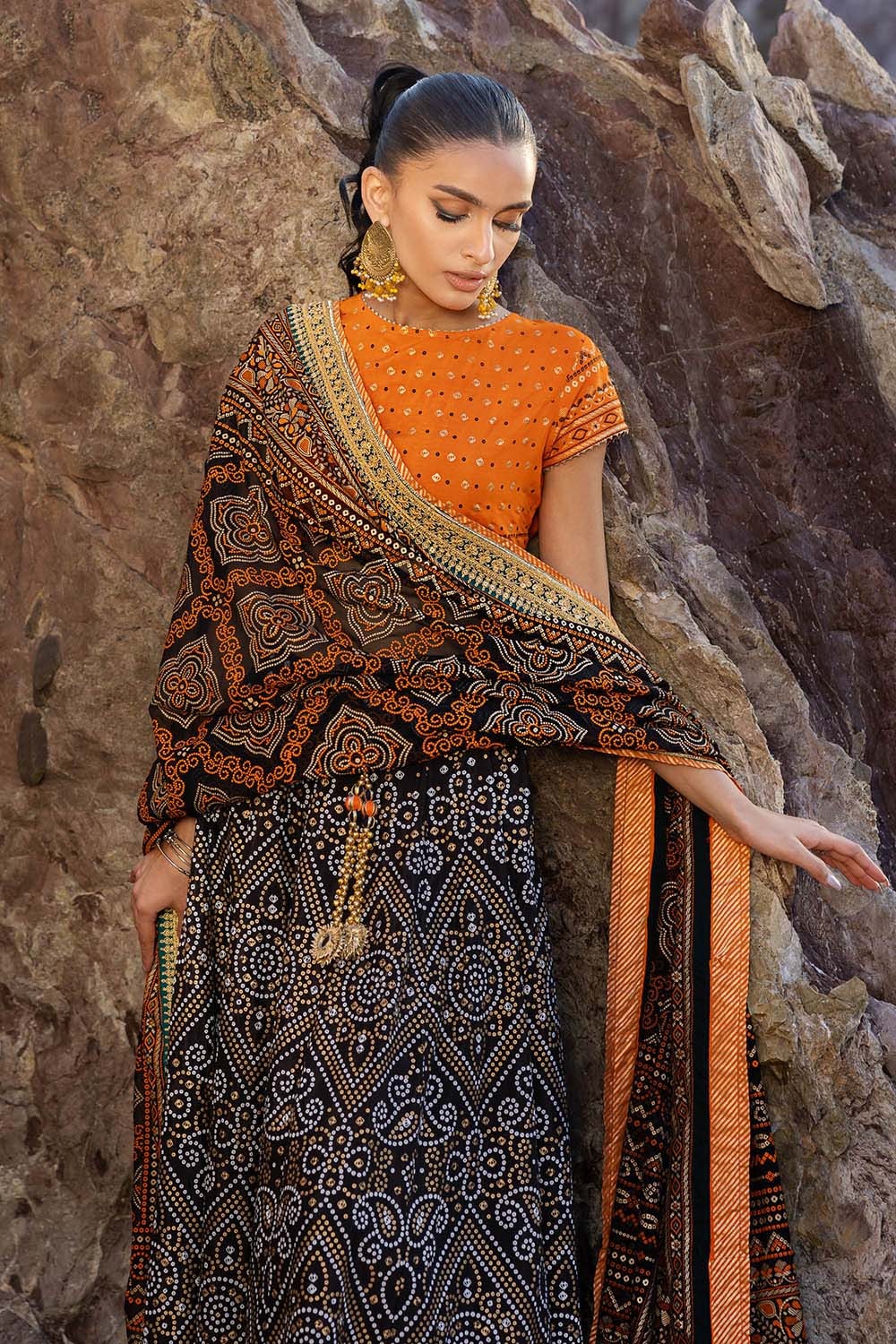 3 Piece Unstitched Gold Lacquer Embroidered Raw Silk Suit with Embroidered Raw Silk Dupatta