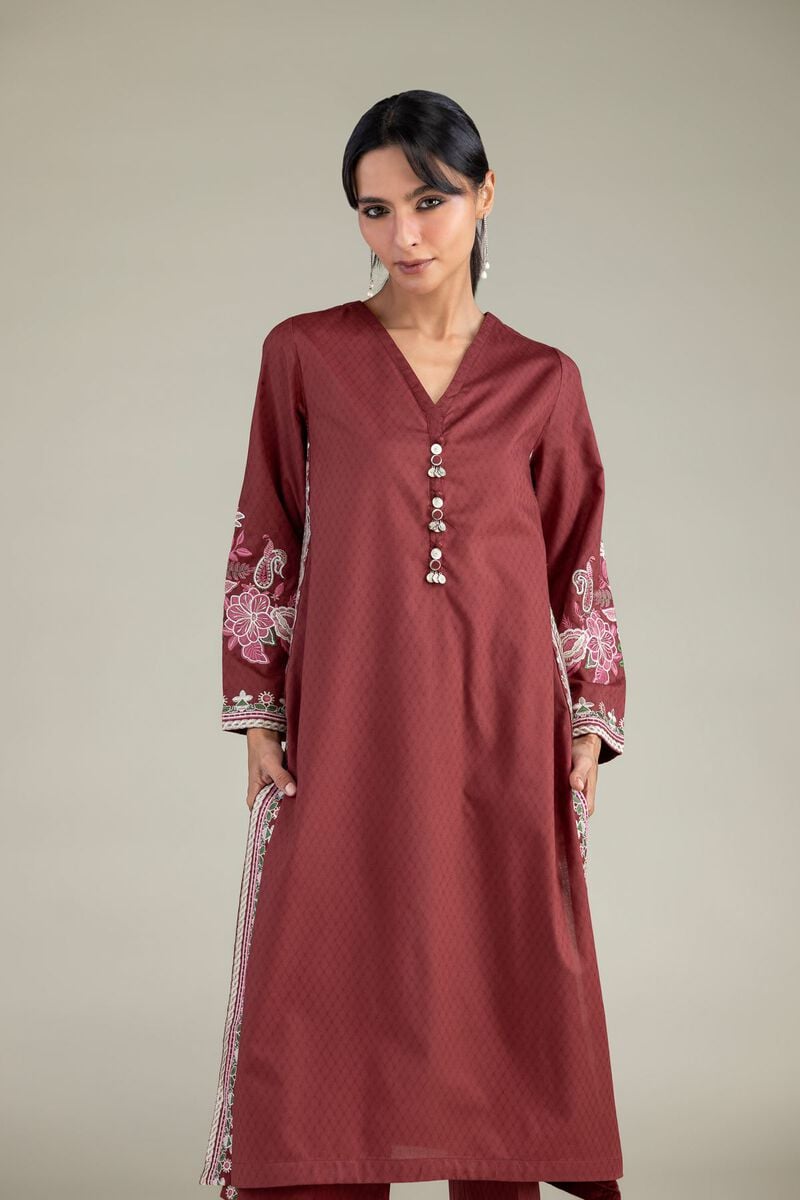 Maroon V-Neck Kurta