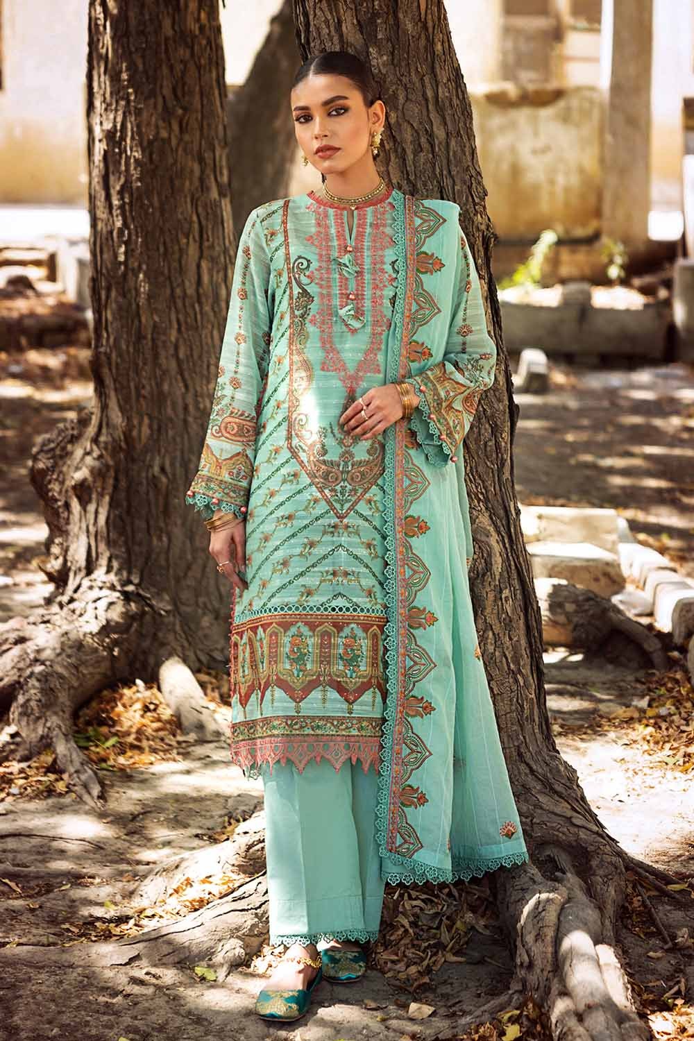 3 Piece Embroidered  Digital Printed Paper Cotton Sequins Unstitched Suit with Embroidered Stripe Cotton Silk Dupatta