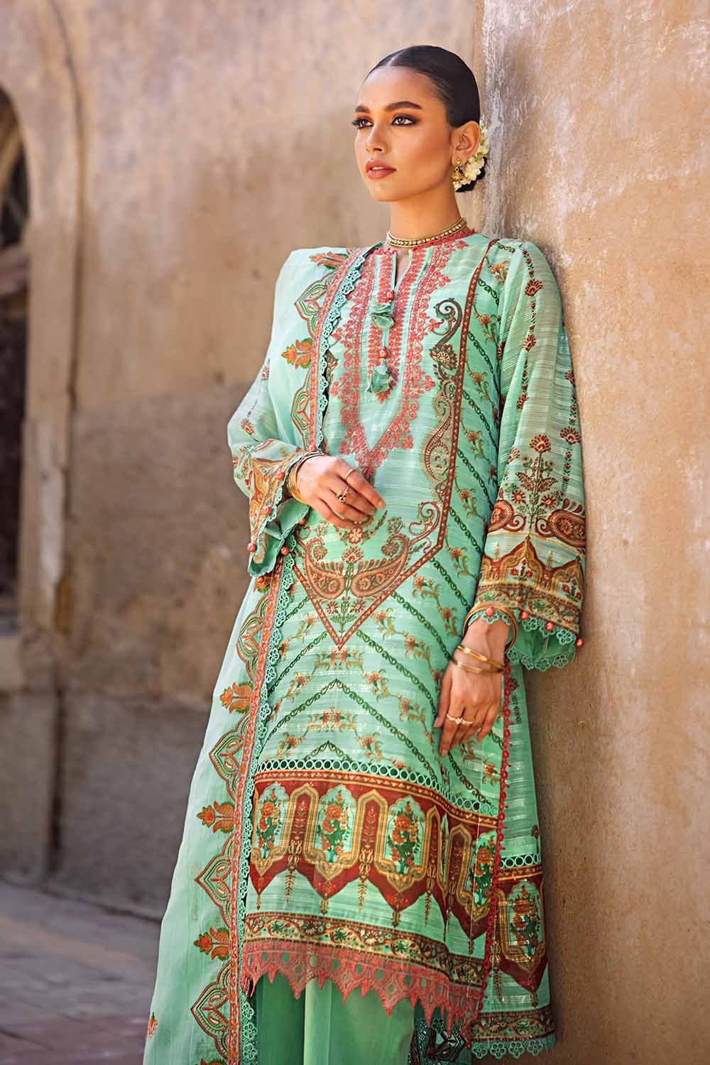 3 Piece Embroidered  Digital Printed Paper Cotton Sequins Unstitched Suit with Embroidered Stripe Cotton Silk Dupatta