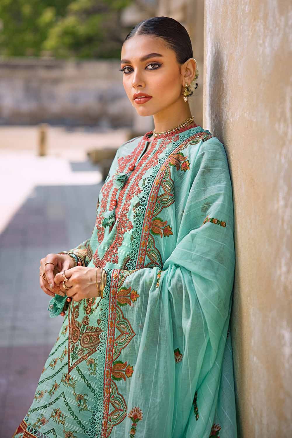 3 Piece Embroidered  Digital Printed Paper Cotton Sequins Unstitched Suit with Embroidered Stripe Cotton Silk Dupatta