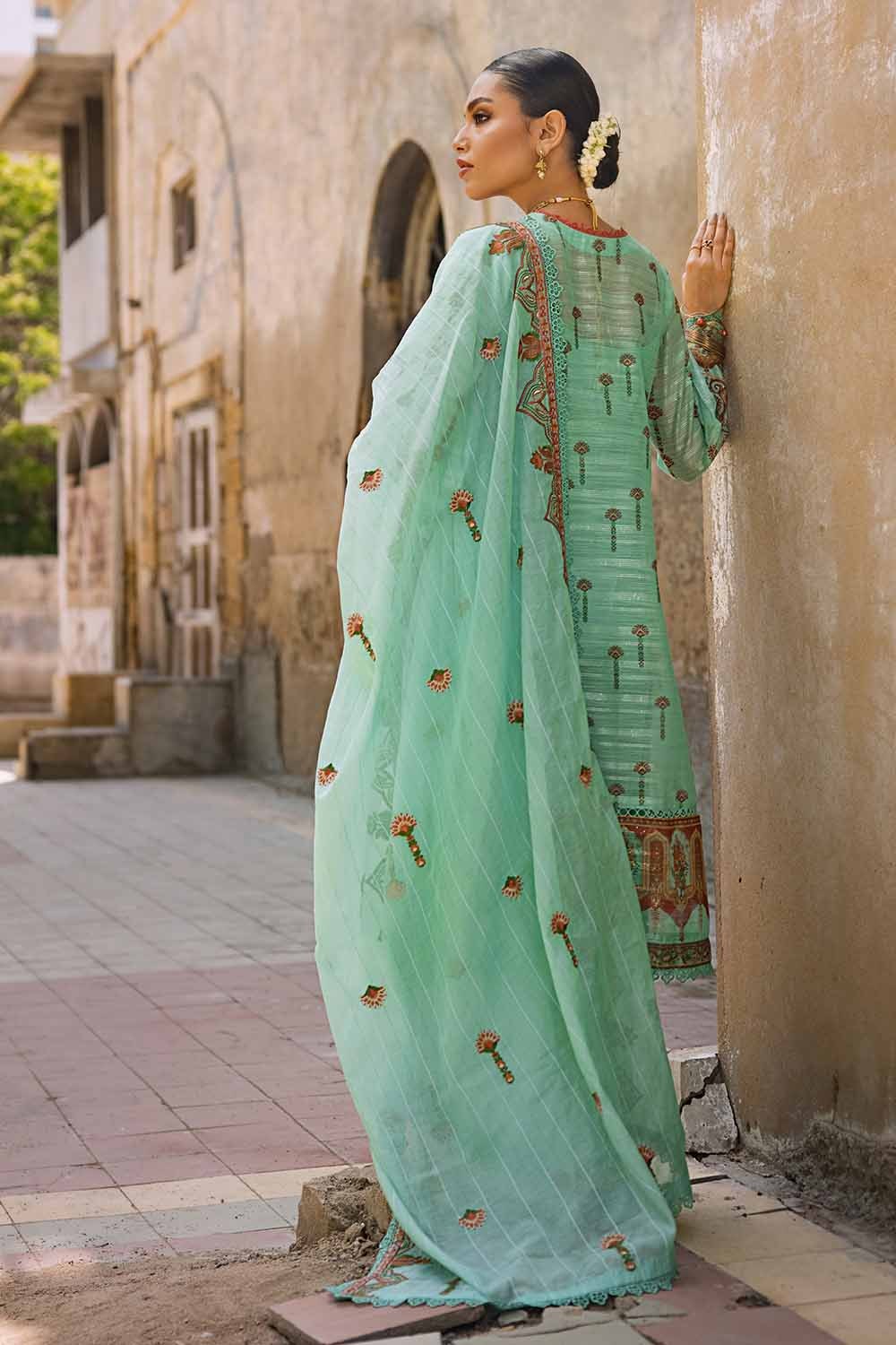 3 Piece Embroidered  Digital Printed Paper Cotton Sequins Unstitched Suit with Embroidered Stripe Cotton Silk Dupatta
