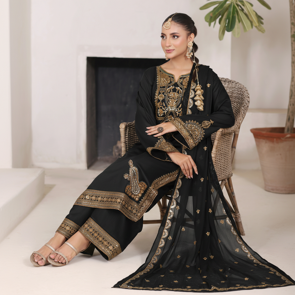 Black Gold Maherposh Suit | Luxury Embroidered Lawn Pret 3 Piece