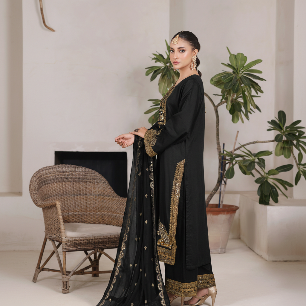 Black Gold Maherposh Suit | Luxury Embroidered Lawn Pret 3 Piece