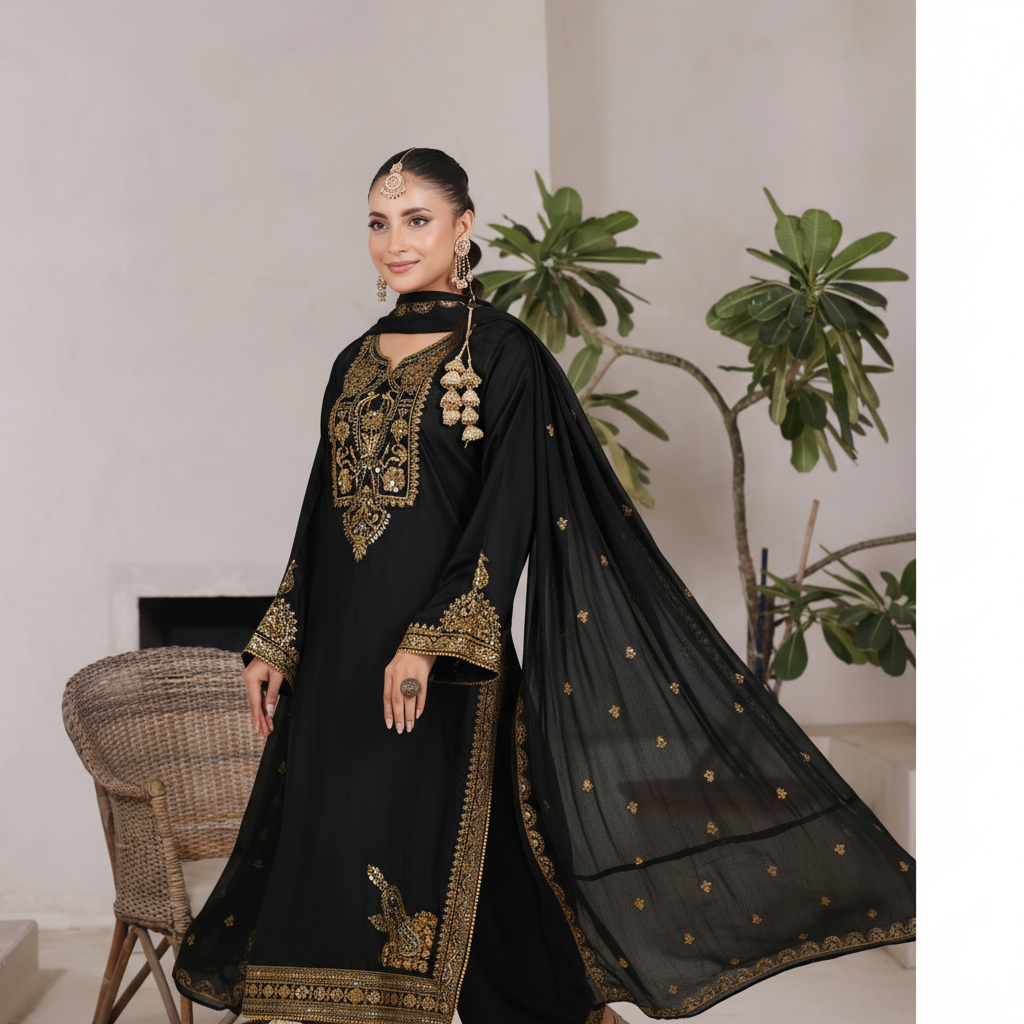 Black Gold Maherposh Suit | Luxury Embroidered Lawn Pret 3 Piece