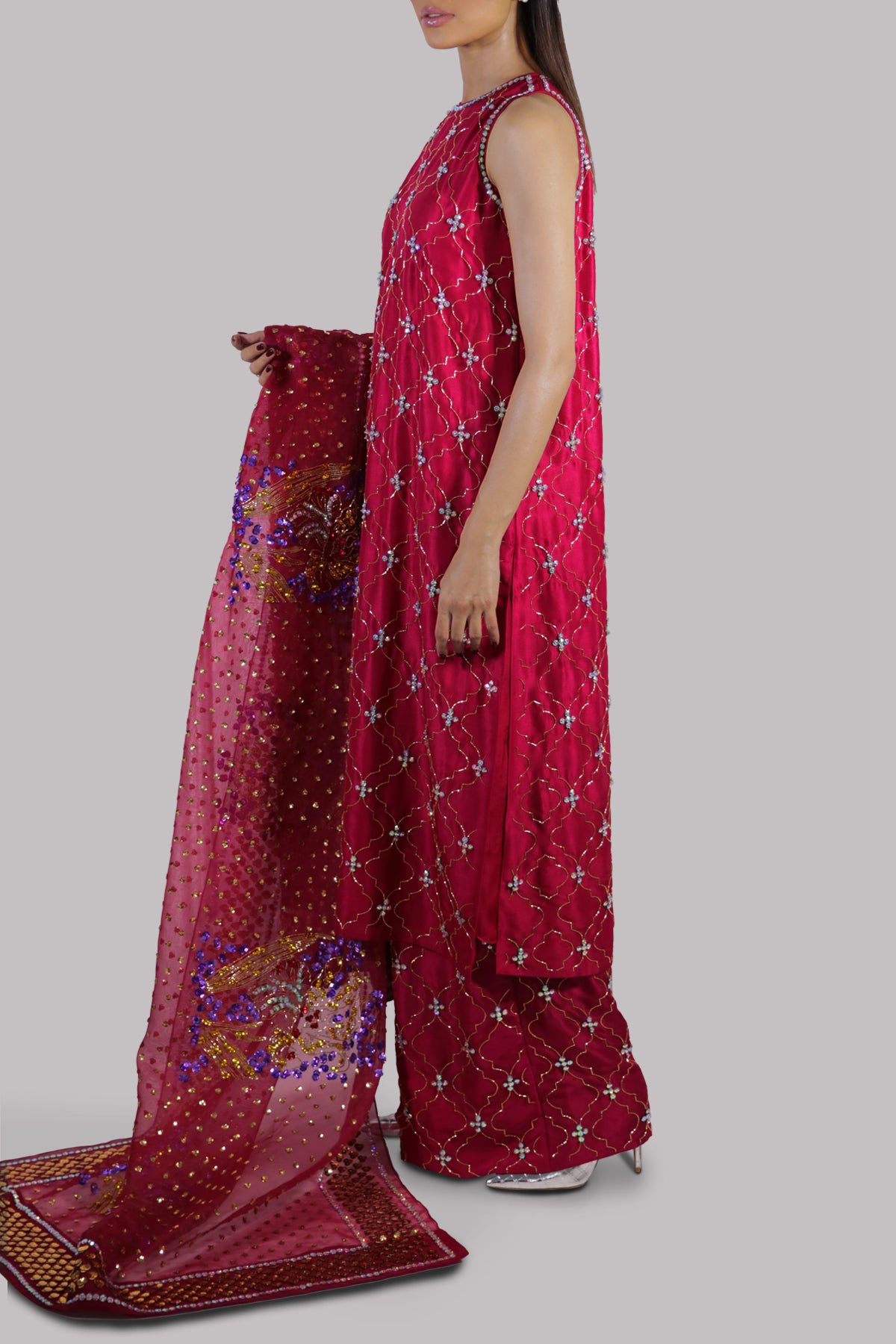 Tango Red Embellished Raw Silk Set