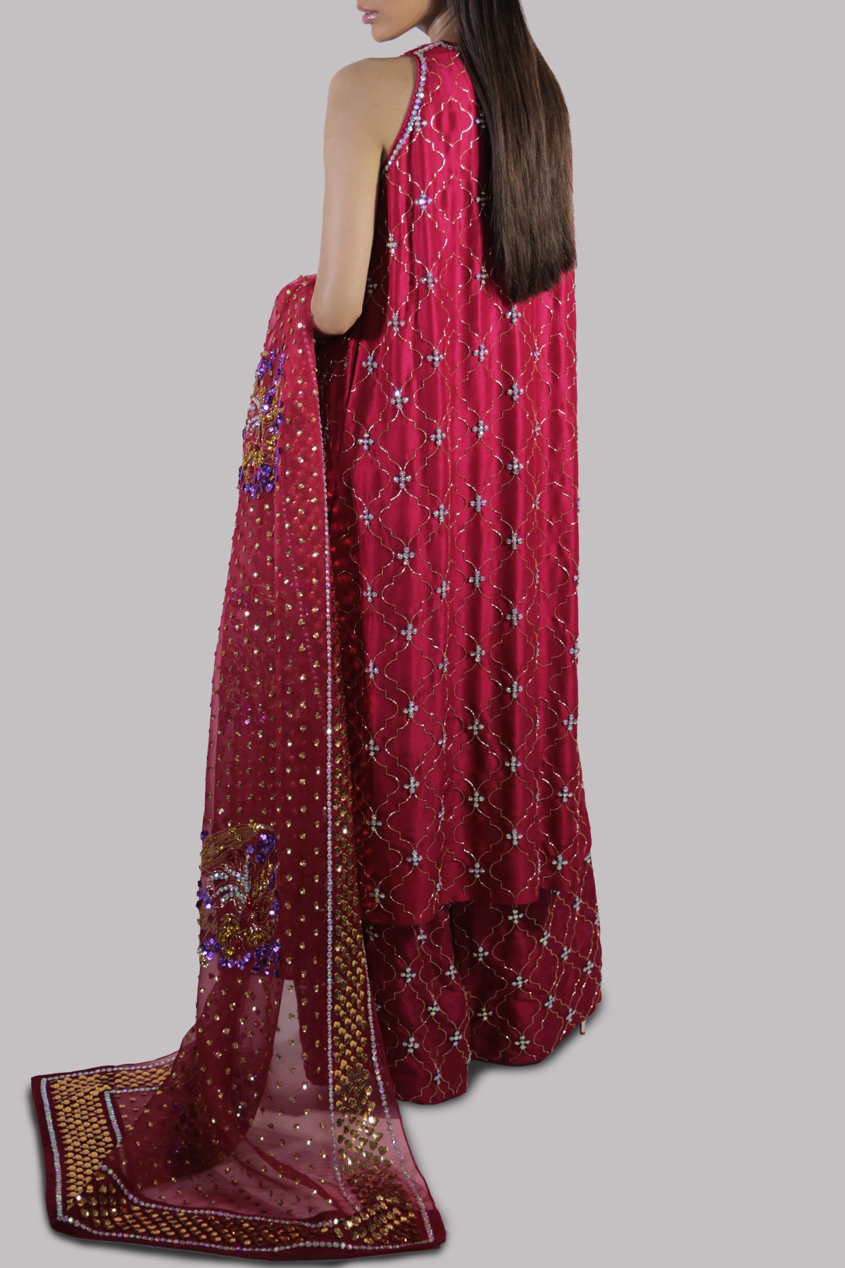 Tango Red Embellished Raw Silk Set