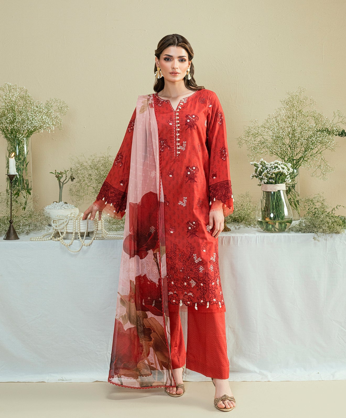 KUNEP-3P-001 RED-LAWN UNSTITCHED 3PC