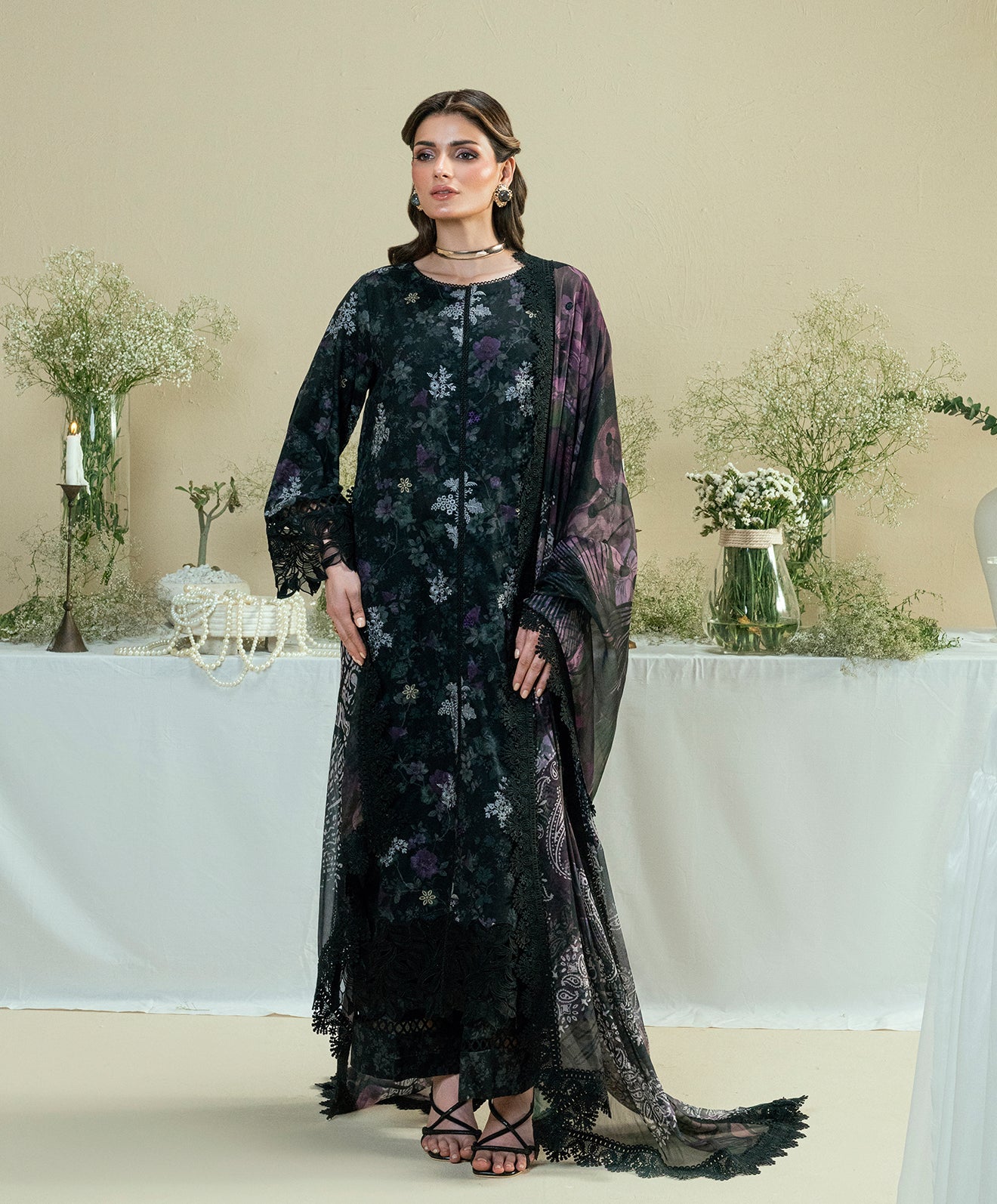 KUNEP-3P-002 BLACK-LAWN UNSTITCHED 3PC