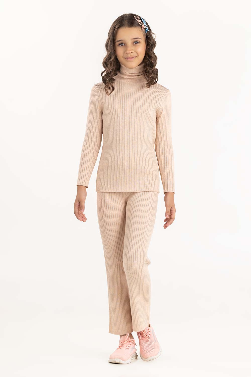 Junior Girl Light Beige Ribbed Knit Trouser