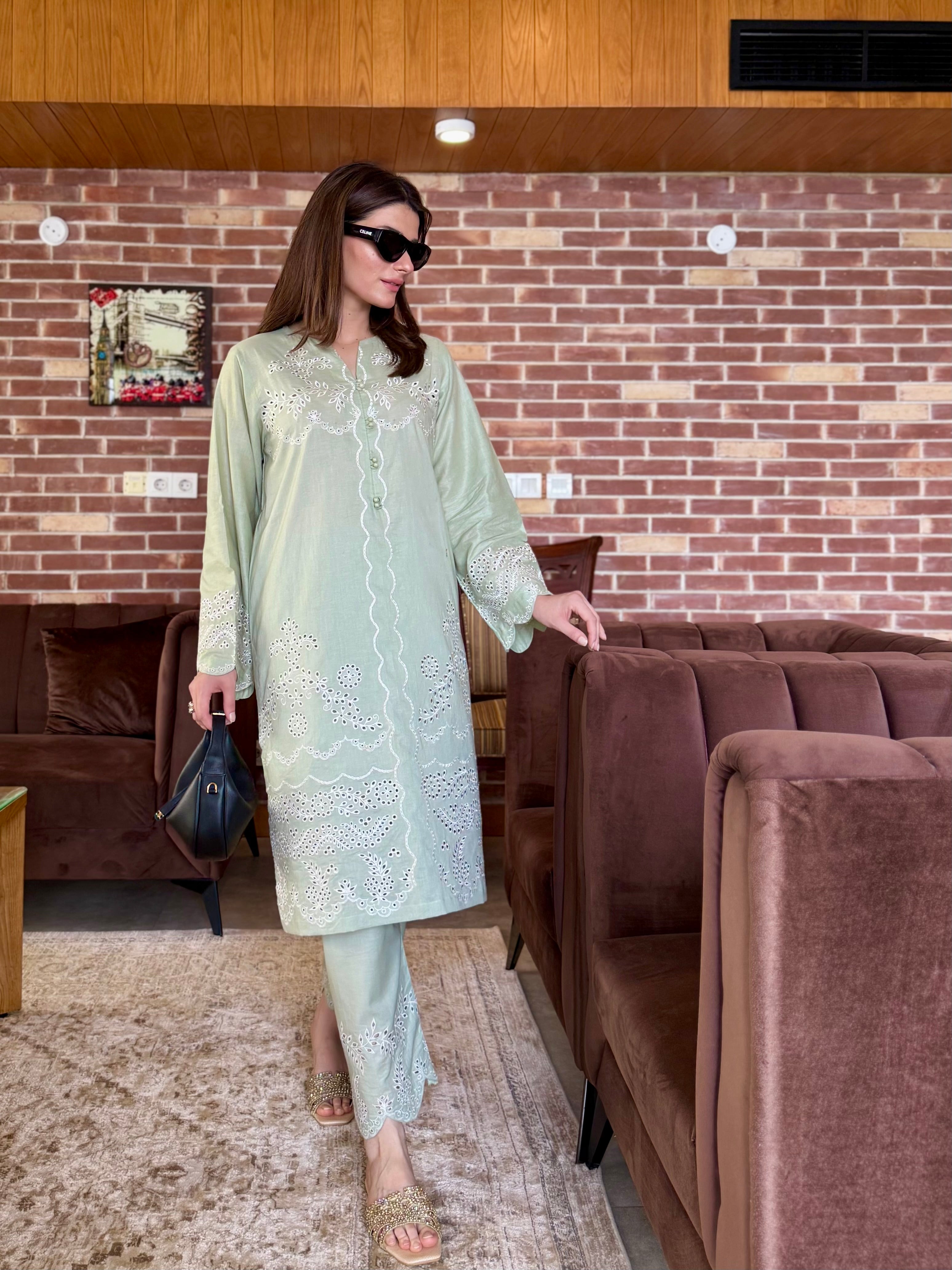 Mint Whisper - Sage Green Schiffli CO-ORD Set